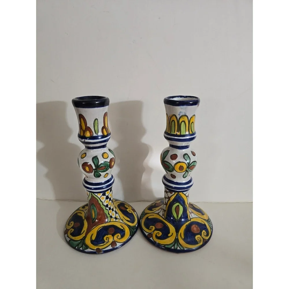 Vintage Hand Painted Ceramic Candlestick Holders Set of 2 Majolica Style‎ 7.5